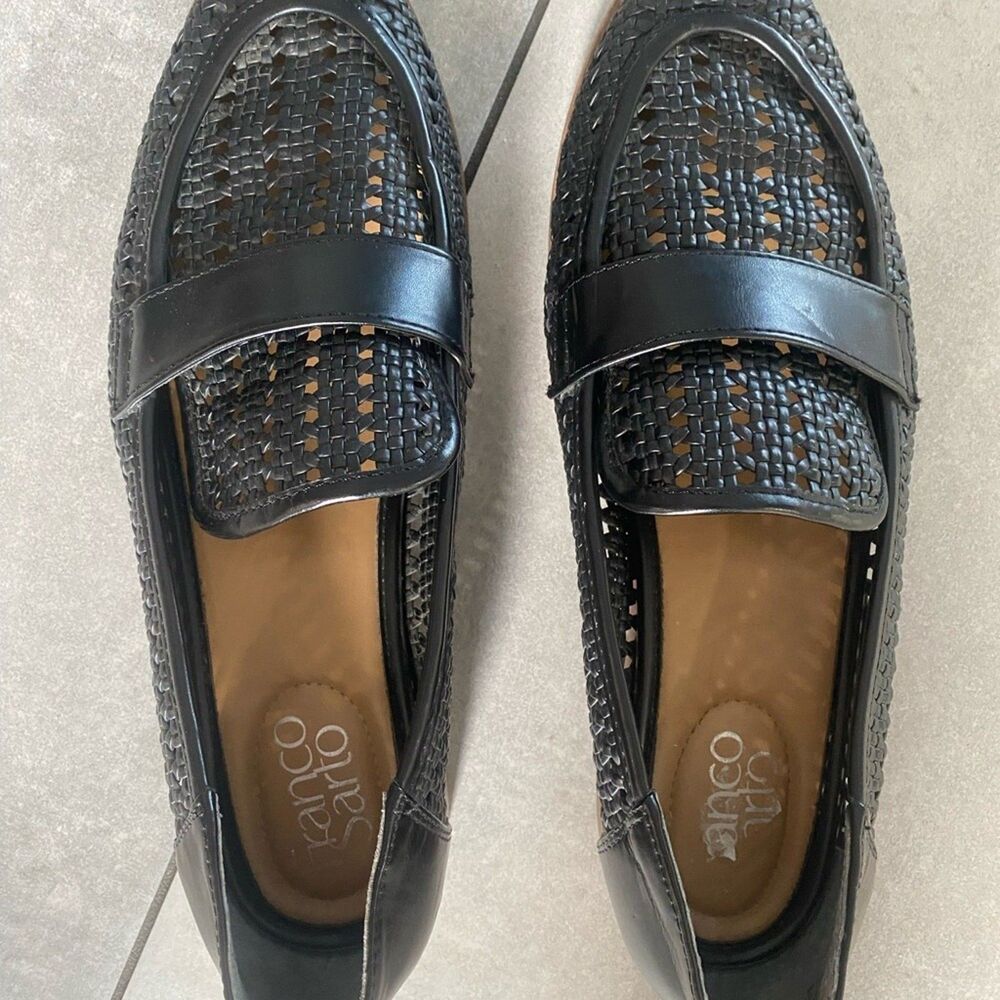 Franco Sarto Venetian Basket Weave Loafers Women's 7.5 Black Leather Flats Shoes